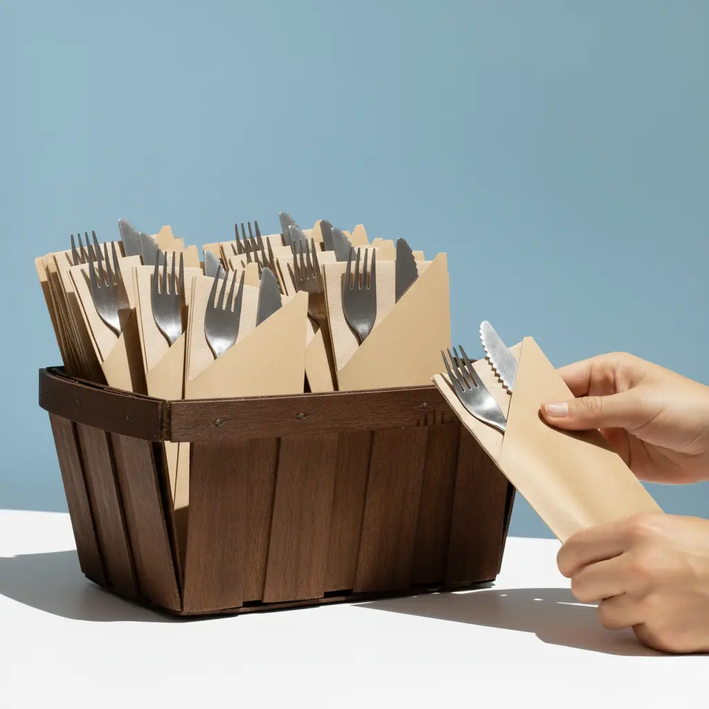 Preparing eco-friendly cutlery pouches during down time